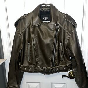 Zara Women's Dark Brown Faux Leather Moto Jacket, Sz Small